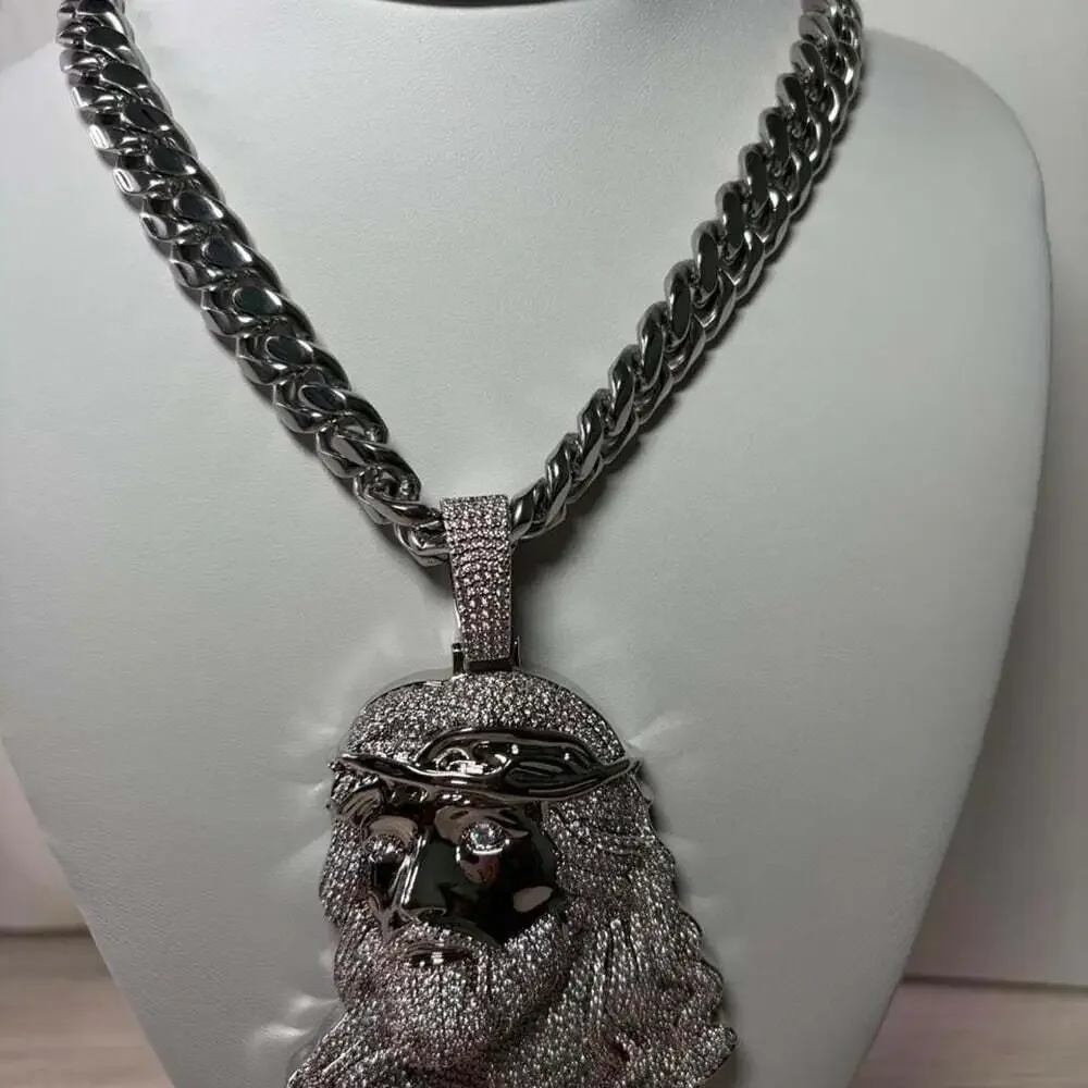 Silver Iced Out Jesus Pendant With Cuban Link 20inch